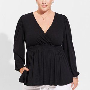 Torrid Black Textured Knit Surplice Puff Sleeve Babydoll Top